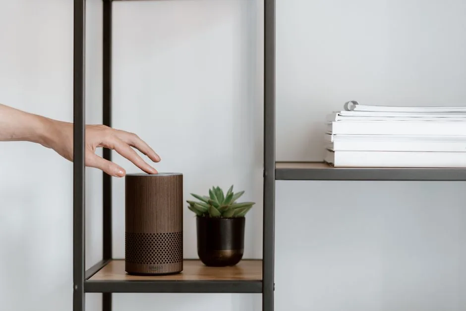 A hand interacts with a smart speaker on a minimalist shelf, featuring a plant and stacked books.